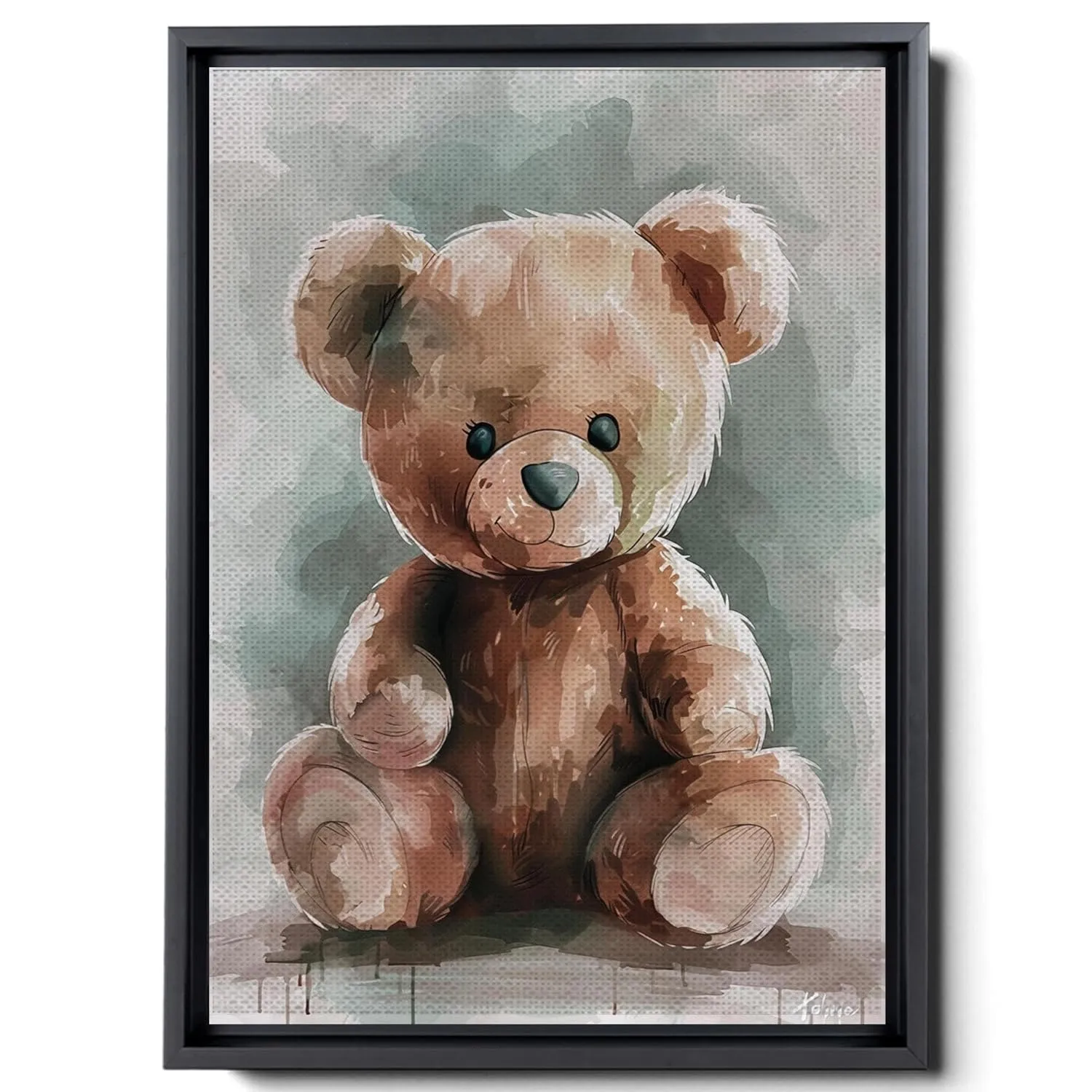 Cute Teddy Bear Watercolor, Simple Animal Design, In The Style Of Light Emerald And Light Brown, Light Pink And Dark Gray, Mural, Charming Characters, Decor Canvas