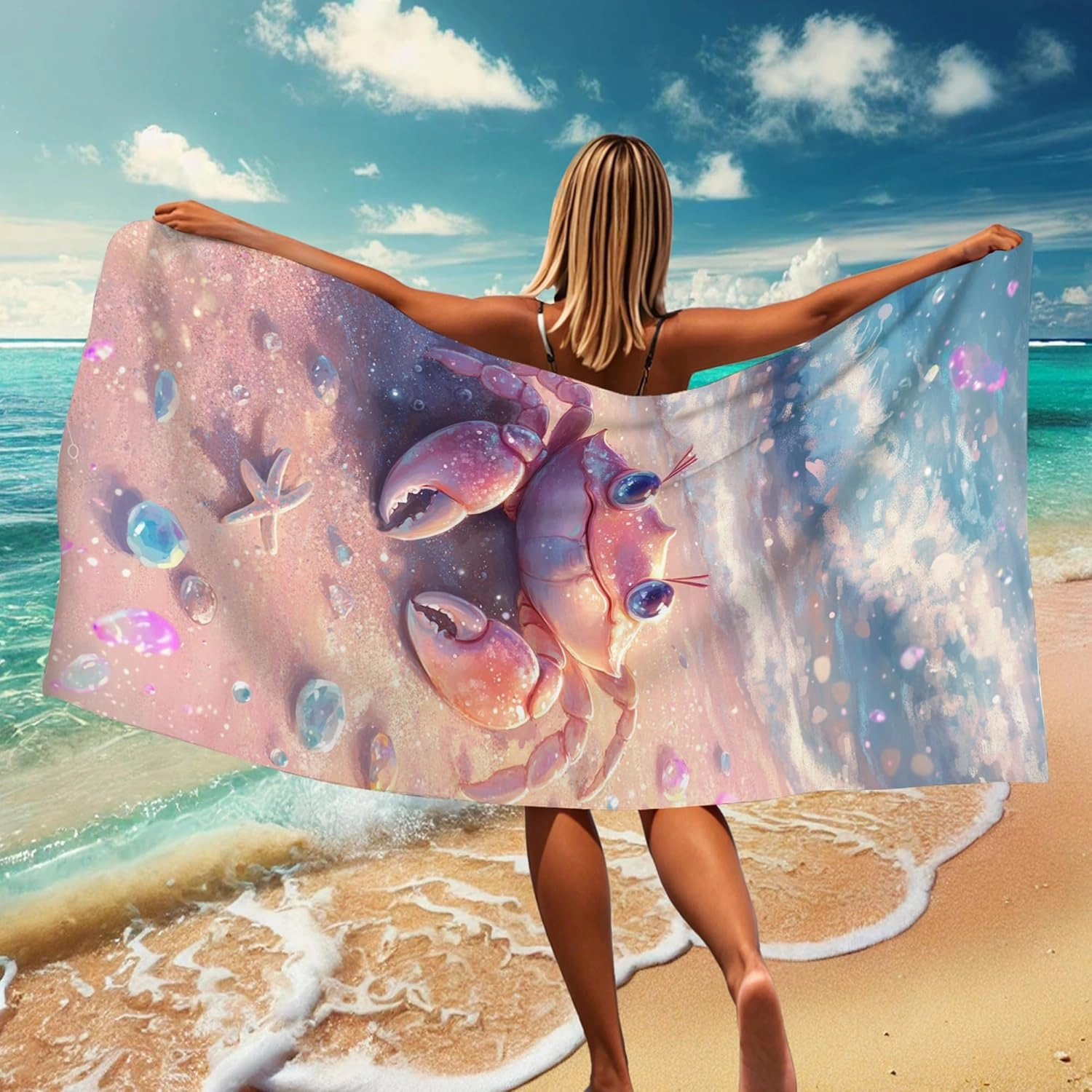 Cute Crab Beach Towel Peach Cartoon Ocean Creatures Towel, Quick Dry Soft Absorbent Sand Free Lightweight Beach Blanket, Summer Vacation Pool Picnic Essential 62x31 Inch