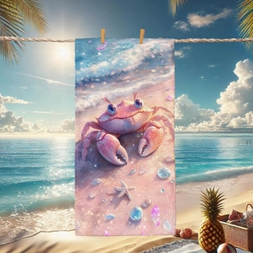 Cute Crab Beach Towel Peach Cartoon Ocean Creatures Towel, Quick Dry Soft Absorbent Sand Free Lightweight Beach Blanket, Summer Vacation Pool Picnic Essential 62x31 Inch