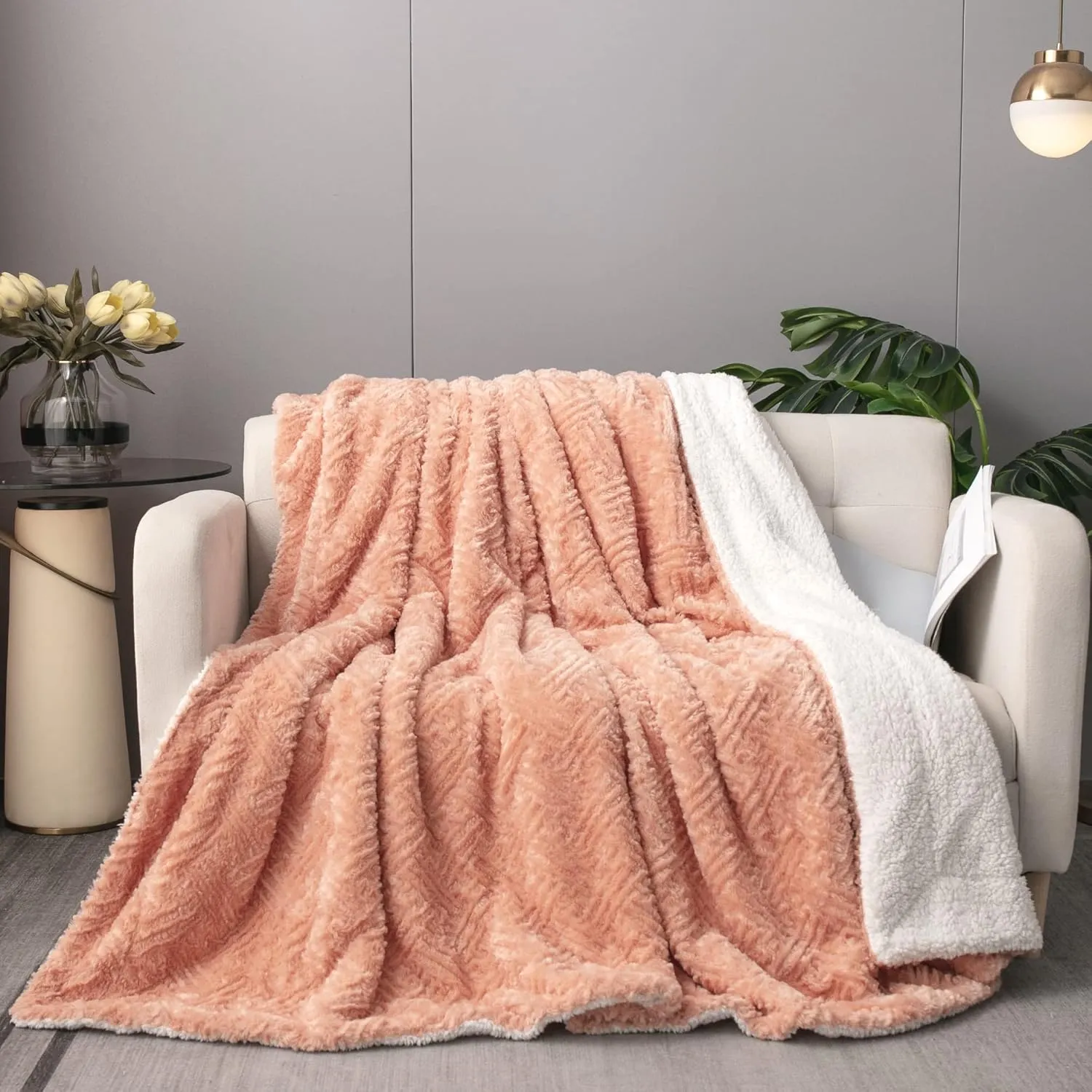 DaDa Bedding Coral Pastel Peach Rose Faux Fur Throw Blanket - Dreamy Geometric Embossed Sherpa Backside - Super Soft Warm Cozy Plush Fluffy - 50" x 60"