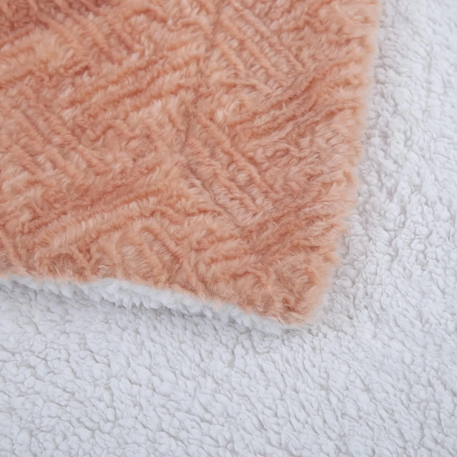 DaDa Bedding Coral Pastel Peach Rose Faux Fur Throw Blanket - Dreamy Geometric Embossed Sherpa Backside - Super Soft Warm Cozy Plush Fluffy - 50" x 60"