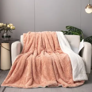 DaDa Bedding Coral Pastel Peach Rose Faux Fur Throw Blanket - Dreamy Geometric Embossed Sherpa Backside - Super Soft Warm Cozy Plush Fluffy - 50" x 60"