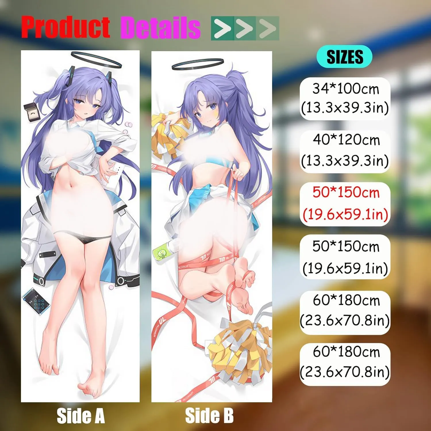 Dakimakura Anime Blue Archive Hugging Body Pillow Case, 19""x59"" Throw Pillow Cover, Double-Sided Print Bedding Decorative Pillowcase (Hayase Yūka), FA10K