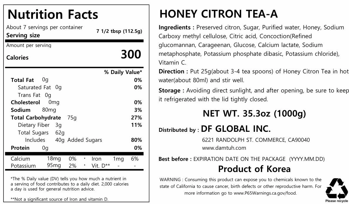 Damtuh Korean Honey Citron Tea Yuja Preserves – Natural Sweetness, No Artificial Additives, Perfect for Tea, Jam, or Salad Dressing – 2.2lb, 1000g