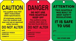 Danger/Caution/Attention, Pack of 25 PF-Cardstock Scaffold Status Tag, Legend, 5.75" x 3.25", Black on Green/Yellow/Red, TSS200CTP, American Made Safety Tags, Signs, and Labels