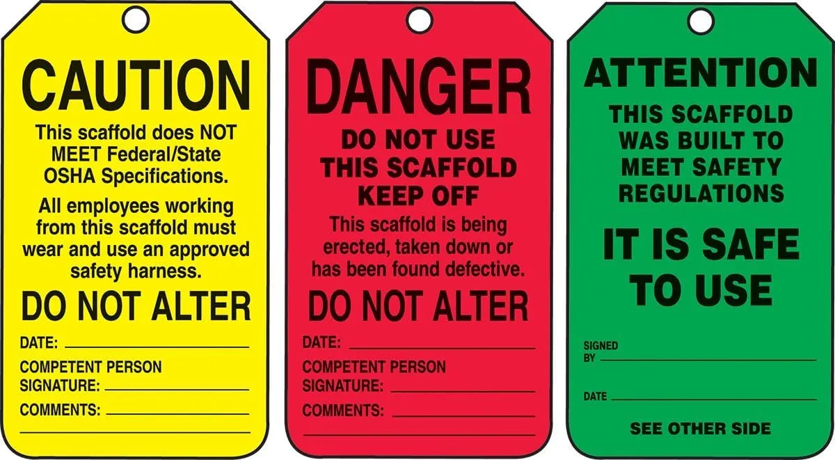 Danger/Caution/Attention, Pack of 25 PF-Cardstock Scaffold Status Tag, Legend, 5.75" x 3.25", Black on Green/Yellow/Red, TSS200CTP, American Made Safety Tags, Signs, and Labels