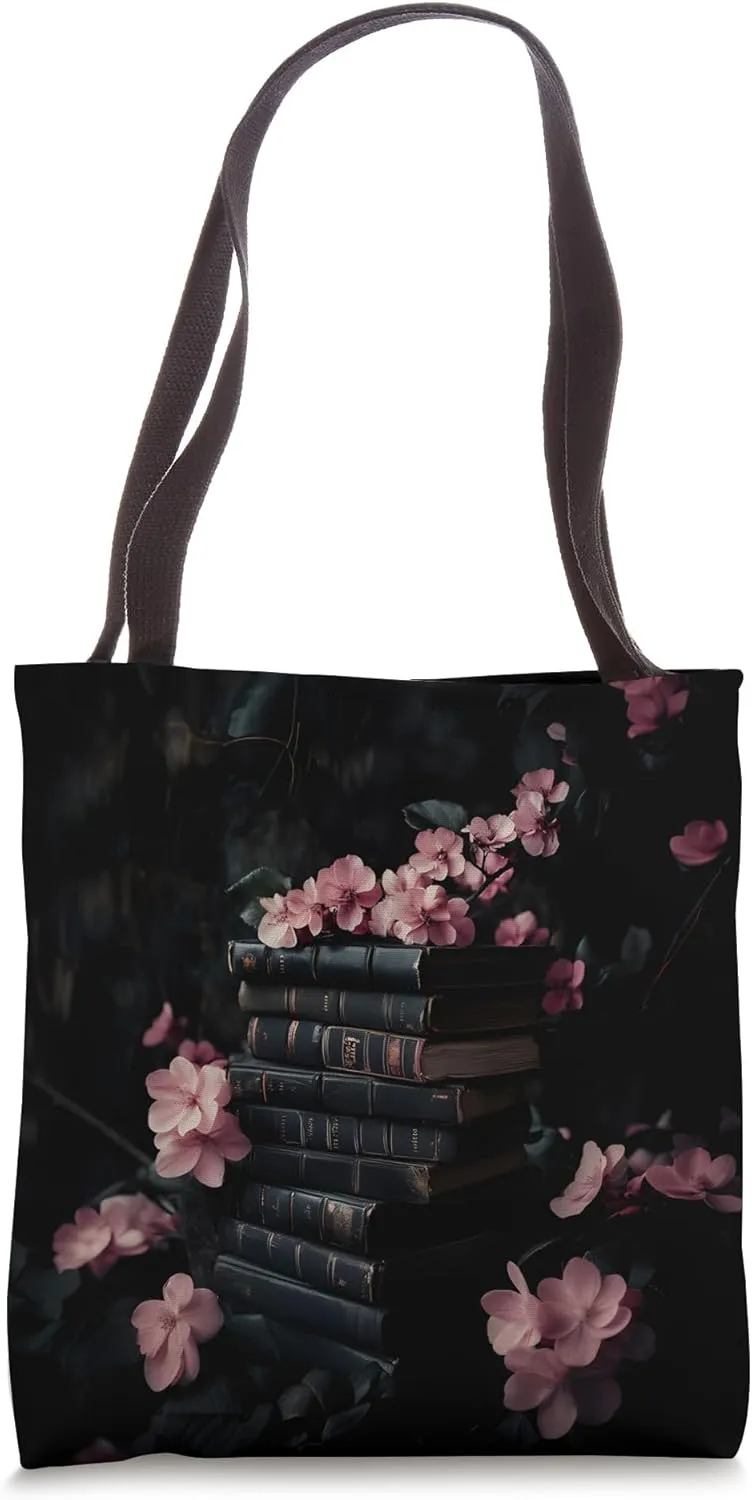 Dark Academia Book Stack Pink Flowers Moody Goth Aesthetic Tote Bag