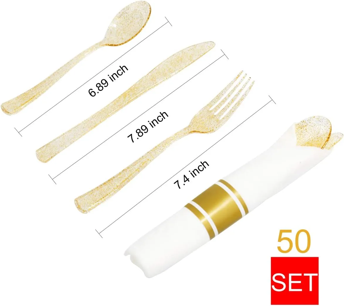 DaYammi 350 Pieces Gold Glitter Dinnerware Set 50 Guest for Party- 50 Dinner Plates, 50 Dessert Plates -50 Per Rolled Napkins with Gold Cutlery - 50 Disposable Cups 9 OZ
