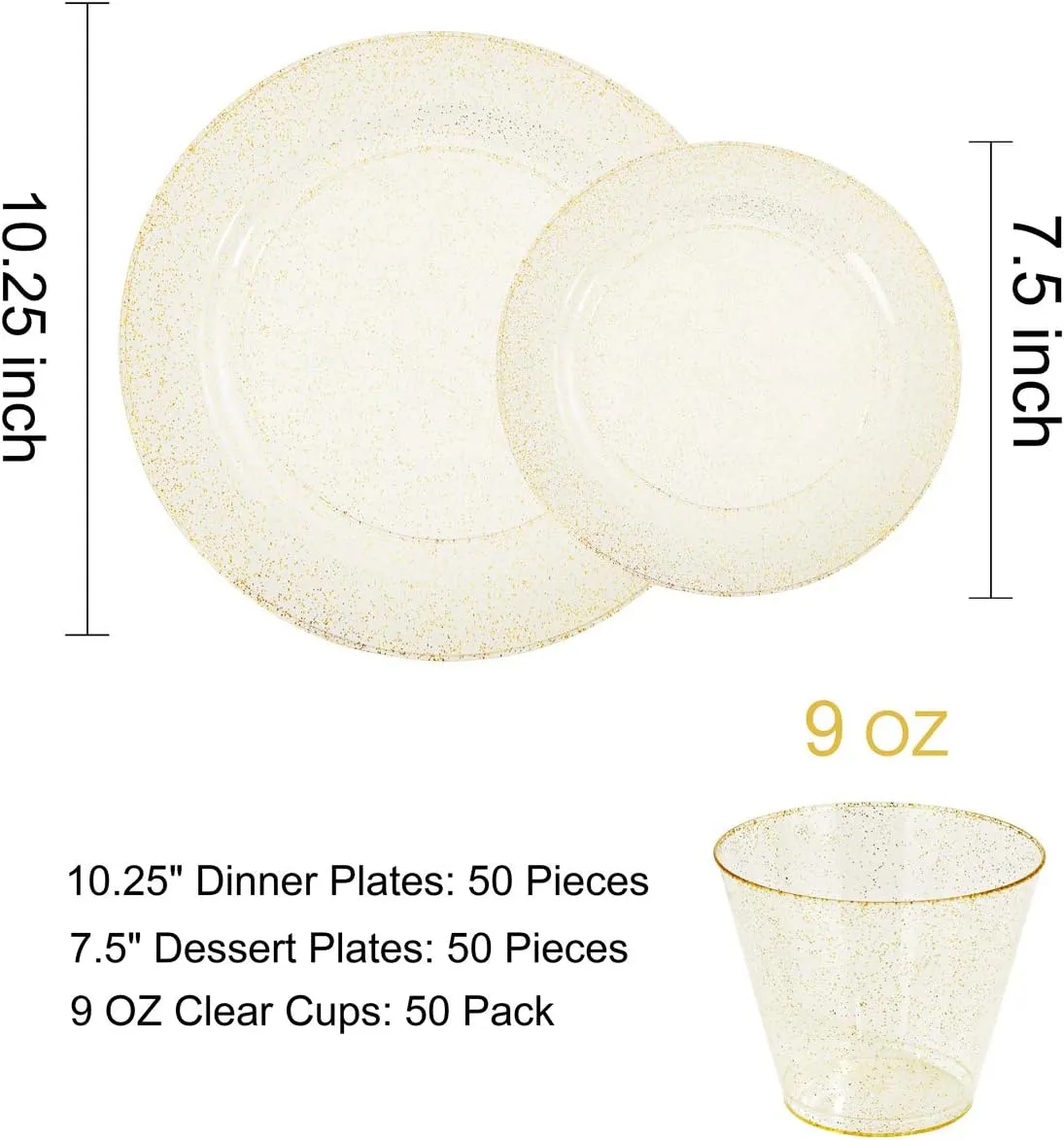 DaYammi 350 Pieces Gold Glitter Dinnerware Set 50 Guest for Party- 50 Dinner Plates, 50 Dessert Plates -50 Per Rolled Napkins with Gold Cutlery - 50 Disposable Cups 9 OZ