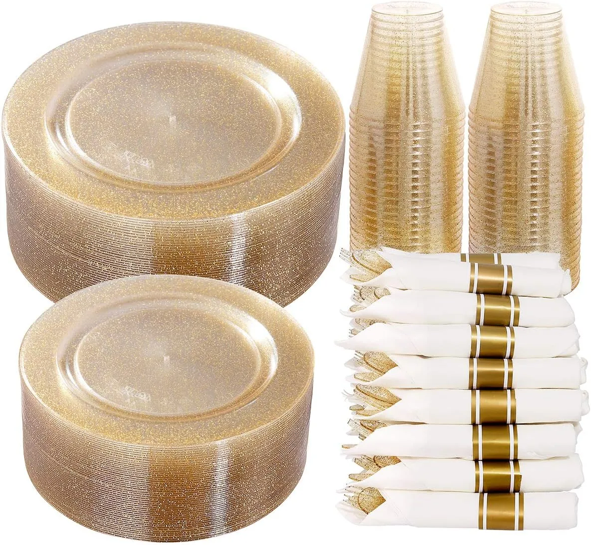 DaYammi 350 Pieces Gold Glitter Dinnerware Set 50 Guest for Party- 50 Dinner Plates, 50 Dessert Plates -50 Per Rolled Napkins with Gold Cutlery - 50 Disposable Cups 9 OZ