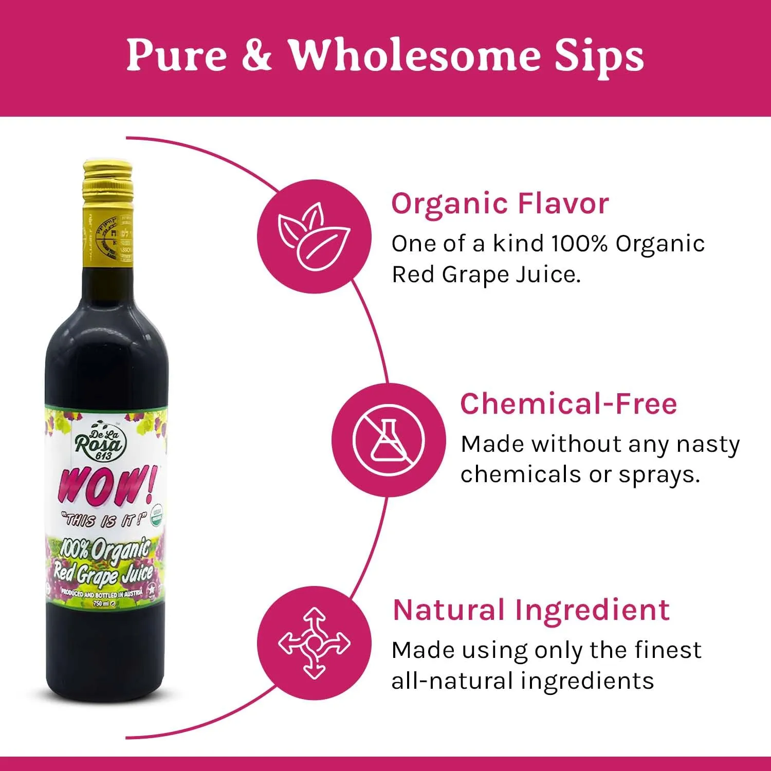 De La Rosa Austrian Red Grape Juice, Kosher, Non-GMO & Gluten Free, 100% Organic Red Grape Juice, No Sugar Added, No Preservative, No Water Added, 25.4 Oz Glass Bottle (Pack of 2)