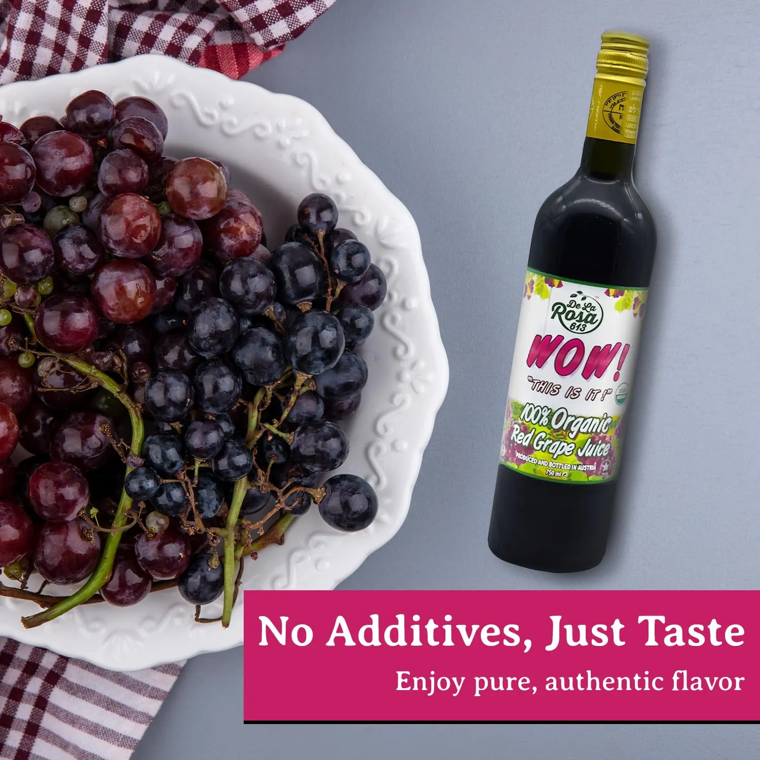 De La Rosa Austrian Red Grape Juice, Kosher, Non-GMO & Gluten Free, 100% Organic Red Grape Juice, No Sugar Added, No Preservative, No Water Added, 25.4 Oz Glass Bottle (Pack of 2)