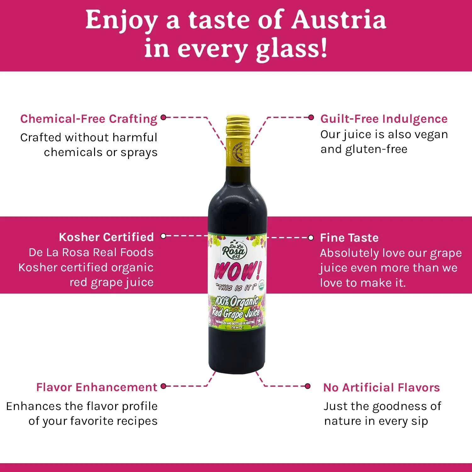 De La Rosa Austrian Red Grape Juice, Kosher, Non-GMO & Gluten Free, 100% Organic Red Grape Juice, No Sugar Added, No Preservative, No Water Added, 25.4 Oz Glass Bottle (Pack of 2)
