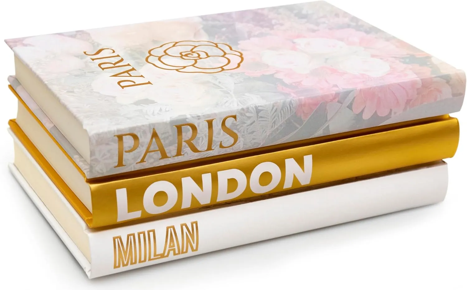 Decorative Books for Home - Shelf Decor Accents - Set of 3 - Modern Hardcover Book Stack - Matte Gold Coffee & Entry Table Decoration - Contemporary Display - Fashion Designer Dresser Aestethics