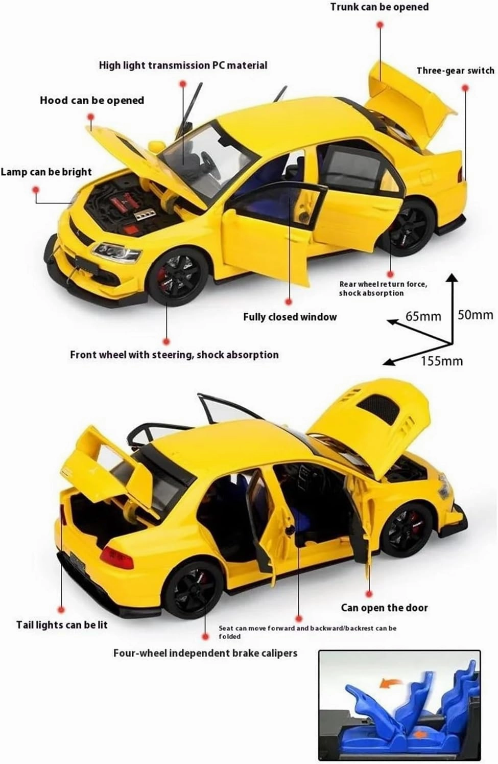 Decorative Car Model 1:32 for Lancer Evolution Diecasts Metal Alloy Luminous Racing Car Model Work Area Decoration Perfect for Gifting(Yellow)
