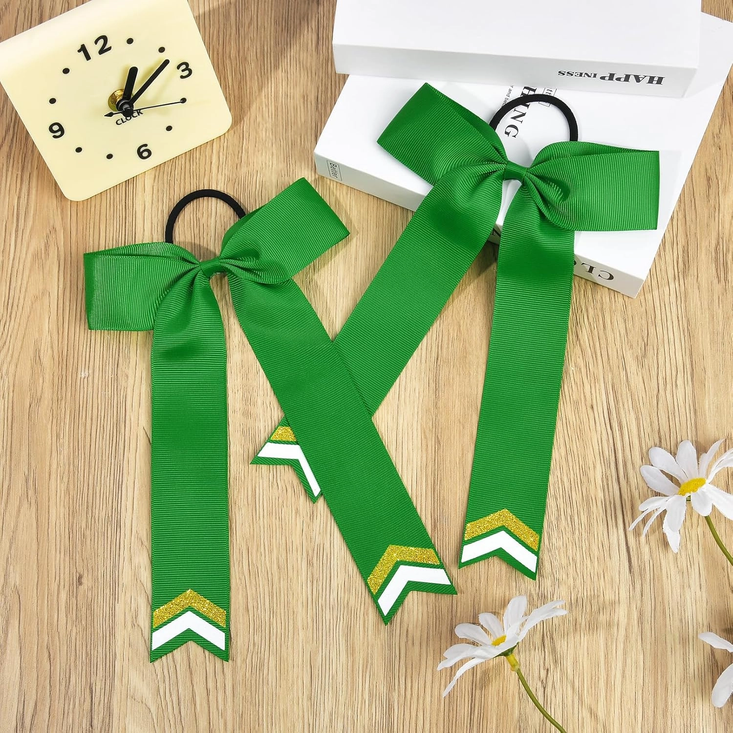 DEEKA 12PCS Collegiate Style Cheer Bows with Glitter Chevrons Tail Skinny College Cheerleader Ponytail Holder for Volleyball Softball Girls (Green/Gold/White)
