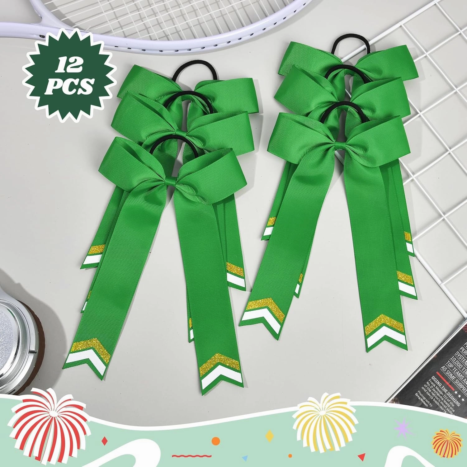 DEEKA 12PCS Collegiate Style Cheer Bows with Glitter Chevrons Tail Skinny College Cheerleader Ponytail Holder for Volleyball Softball Girls (Green/Gold/White)