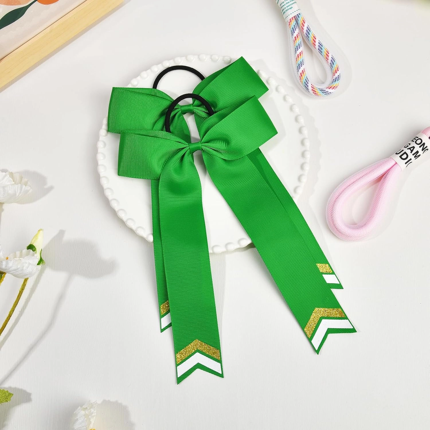 DEEKA 12PCS Collegiate Style Cheer Bows with Glitter Chevrons Tail Skinny College Cheerleader Ponytail Holder for Volleyball Softball Girls (Green/Gold/White)