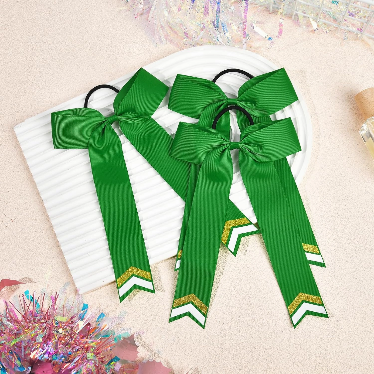 DEEKA 12PCS Collegiate Style Cheer Bows with Glitter Chevrons Tail Skinny College Cheerleader Ponytail Holder for Volleyball Softball Girls (Green/Gold/White)