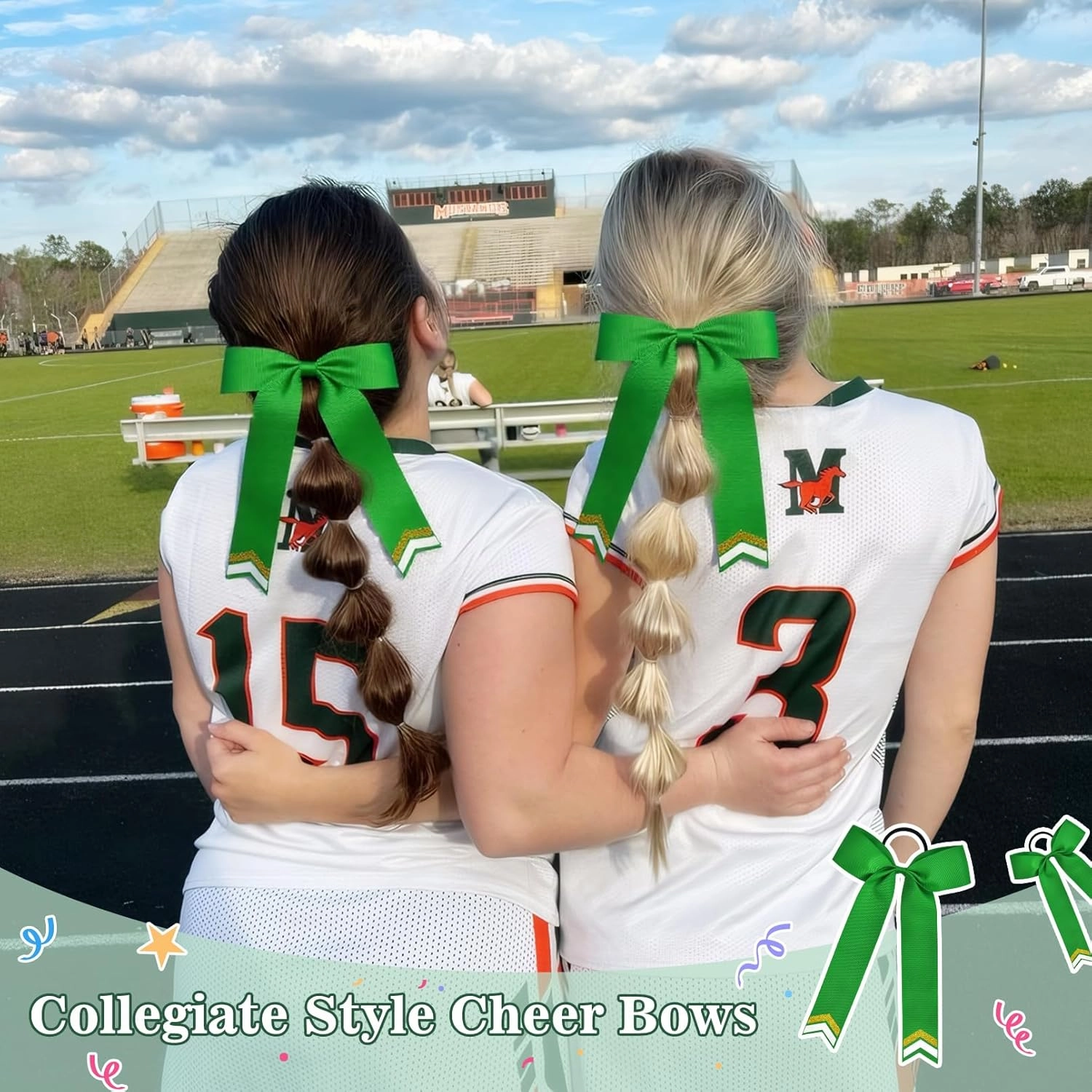 DEEKA 12PCS Collegiate Style Cheer Bows with Glitter Chevrons Tail Skinny College Cheerleader Ponytail Holder for Volleyball Softball Girls (Green/Gold/White)