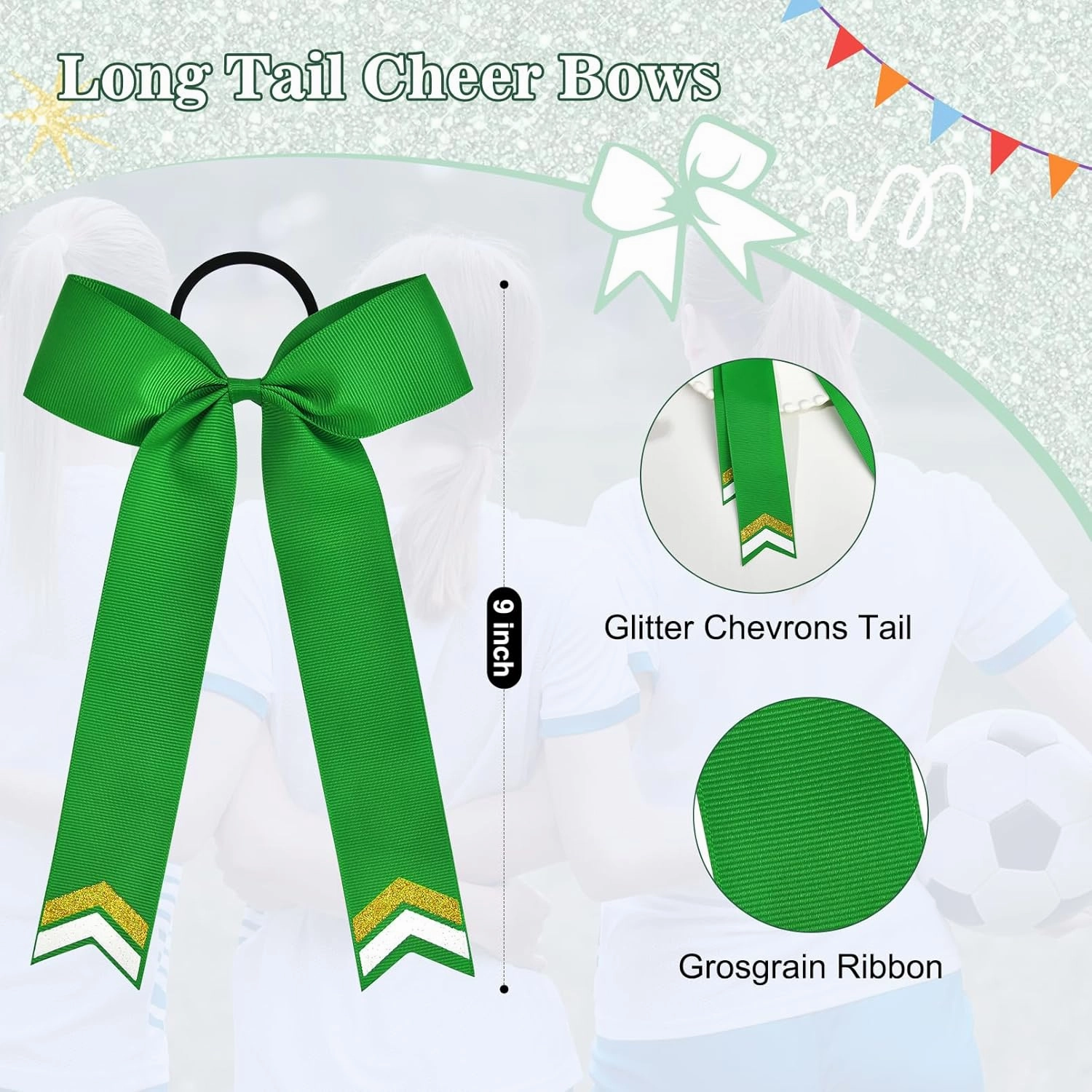 DEEKA 12PCS Collegiate Style Cheer Bows with Glitter Chevrons Tail Skinny College Cheerleader Ponytail Holder for Volleyball Softball Girls (Green/Gold/White)