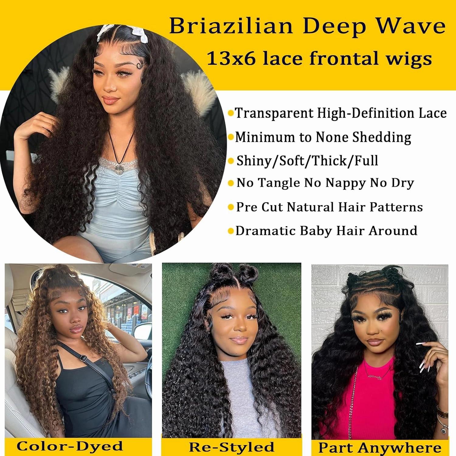 Deep Wave Lace Front Wigs Human Hair 150% Density Glueless Wigs for Women 13x6 HD Transparent Lace Front Wigs Pre Plucked with Baby Hair 20 Inch