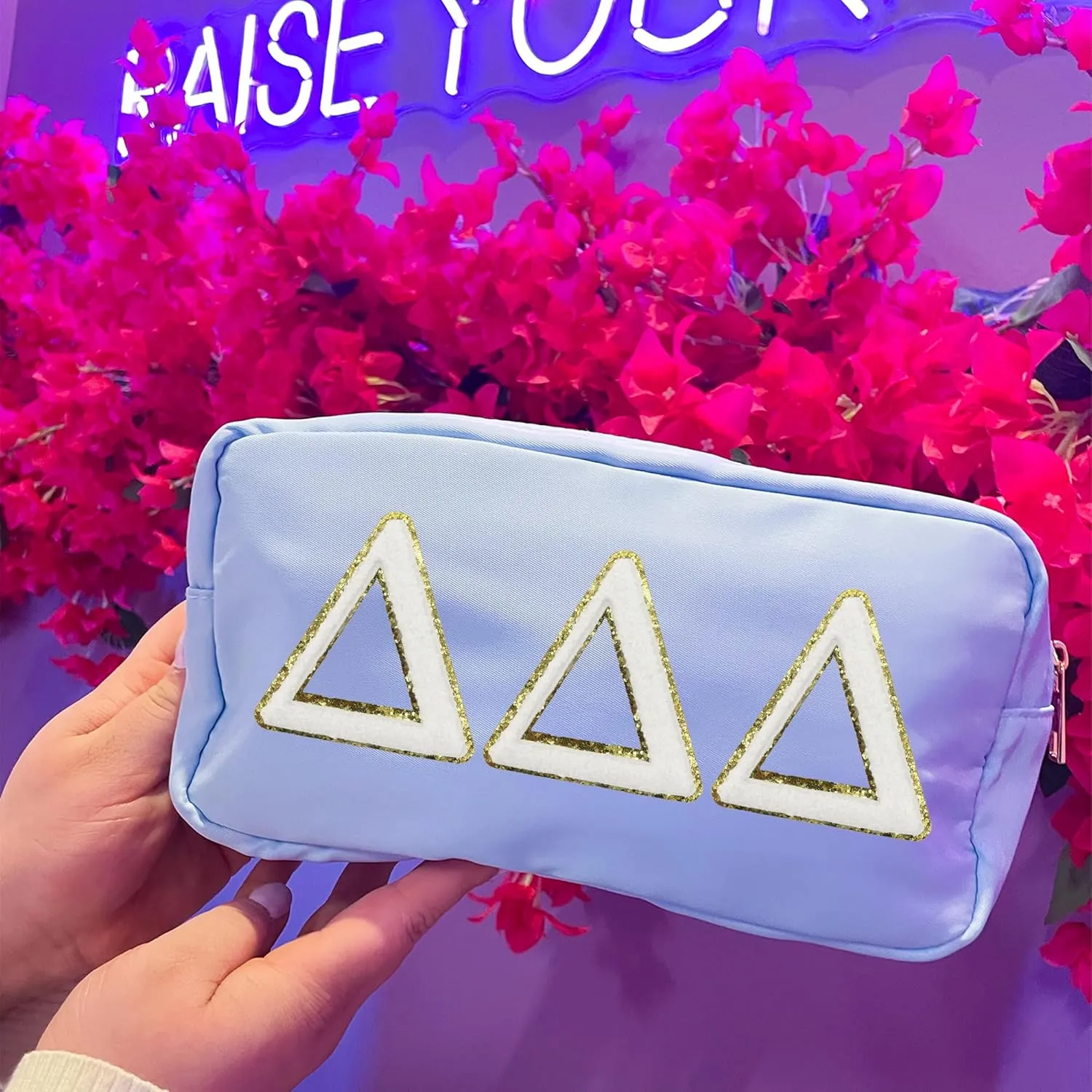 Delta Delta Delta Nylon Makeup Travel Bag, Glitter Greek Letter Patch, Cosmetic Case - Blue - ΔΔΔ