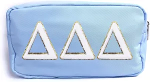 Delta Delta Delta Nylon Makeup Travel Bag, Glitter Greek Letter Patch, Cosmetic Case - Blue - ΔΔΔ