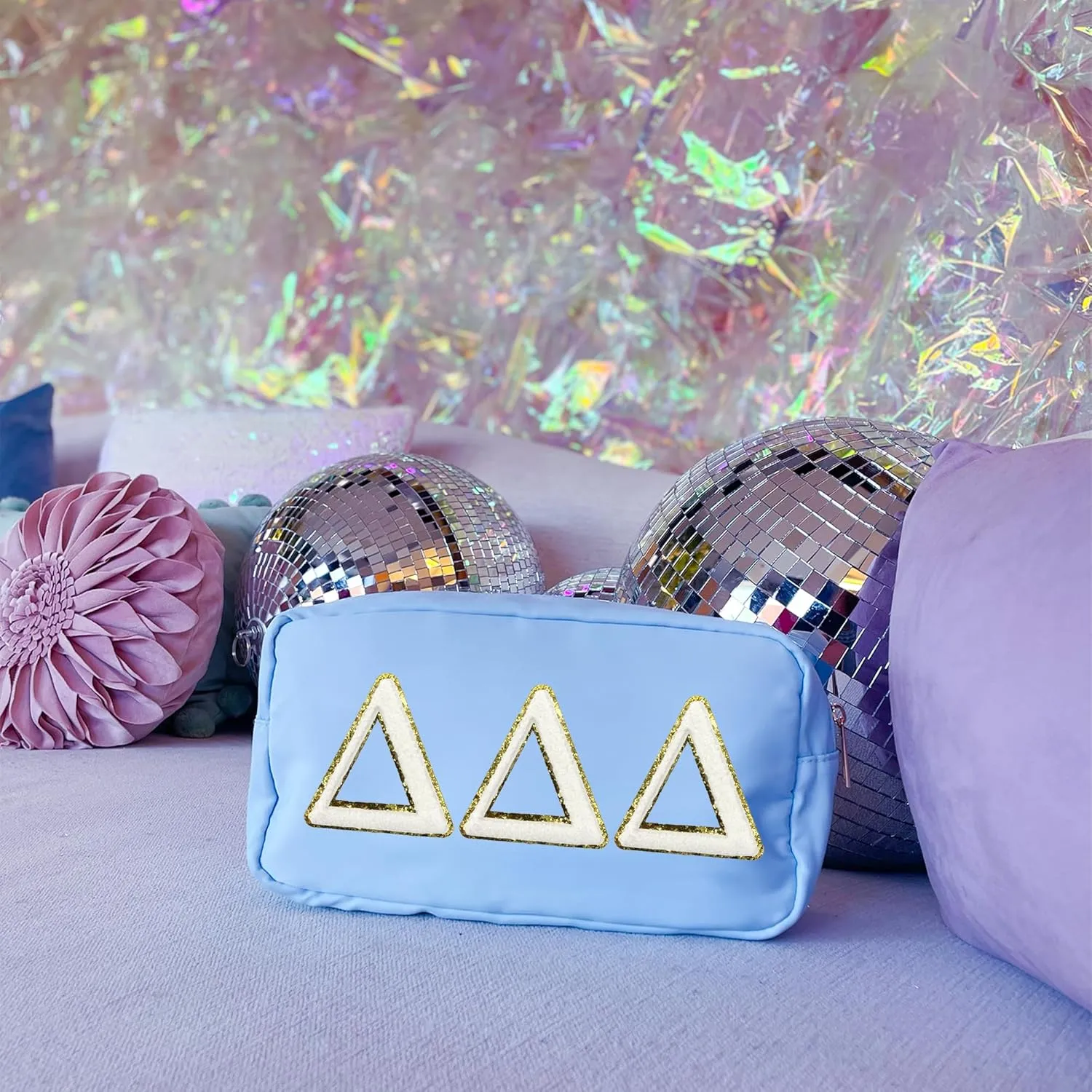 Delta Delta Delta Nylon Makeup Travel Bag, Glitter Greek Letter Patch, Cosmetic Case - Blue - ΔΔΔ