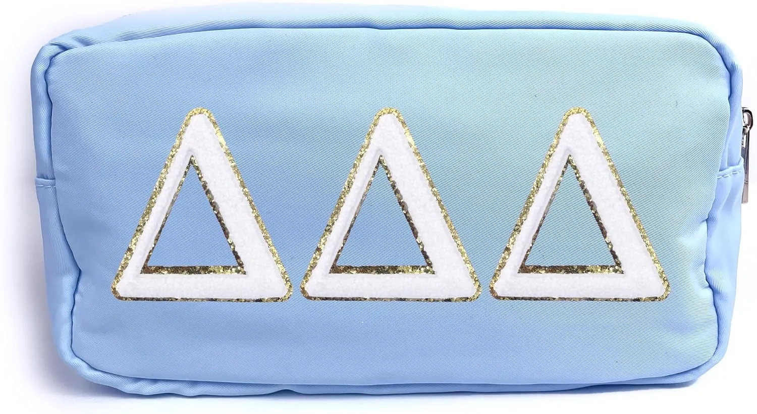 Delta Delta Delta Nylon Makeup Travel Bag, Glitter Greek Letter Patch, Cosmetic Case - Blue - ΔΔΔ