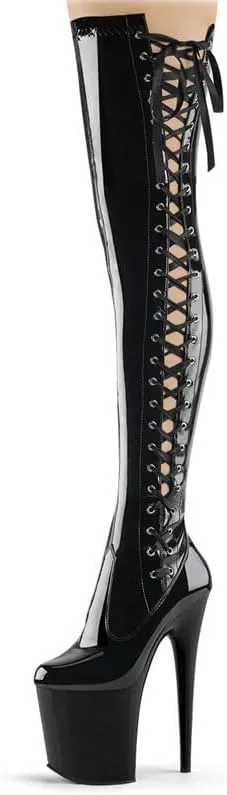 denova's Women's Patent 7.9in Very High Heel Lace Up Platform Pole Dance Over-The-Knee Thigh High Boot with Zipper