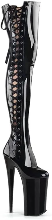 denova's Women's Patent 7.9in Very High Heel Lace Up Platform Pole Dance Over-The-Knee Thigh High Boot with Zipper