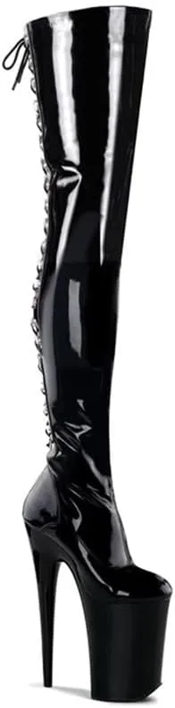 denova's Women's Patent 7.9in Very High Heel Lace Up Platform Pole Dance Over-The-Knee Thigh High Boot with Zipper