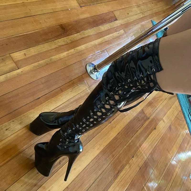 denova's Women's Patent 7.9in Very High Heel Lace Up Platform Pole Dance Over-The-Knee Thigh High Boot with Zipper