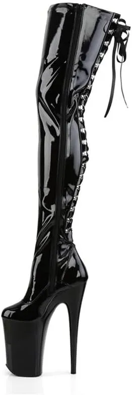 denova's Women's Patent 7.9in Very High Heel Lace Up Platform Pole Dance Over-The-Knee Thigh High Boot with Zipper