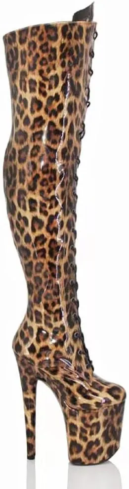 denova's Women's Patent 7.9in Very High Heel Lace Up Platform Pole Dance Over-The-Knee Thigh High Boot with Zipper