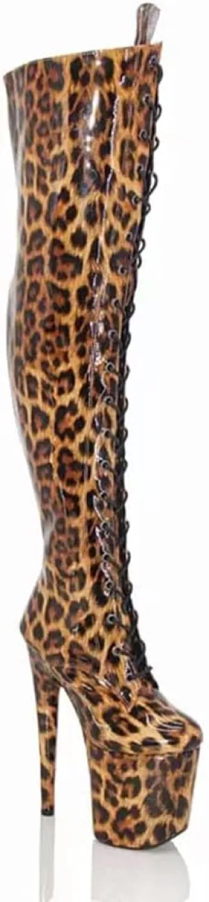 denova's Women's Patent 7.9in Very High Heel Lace Up Platform Pole Dance Over-The-Knee Thigh High Boot with Zipper