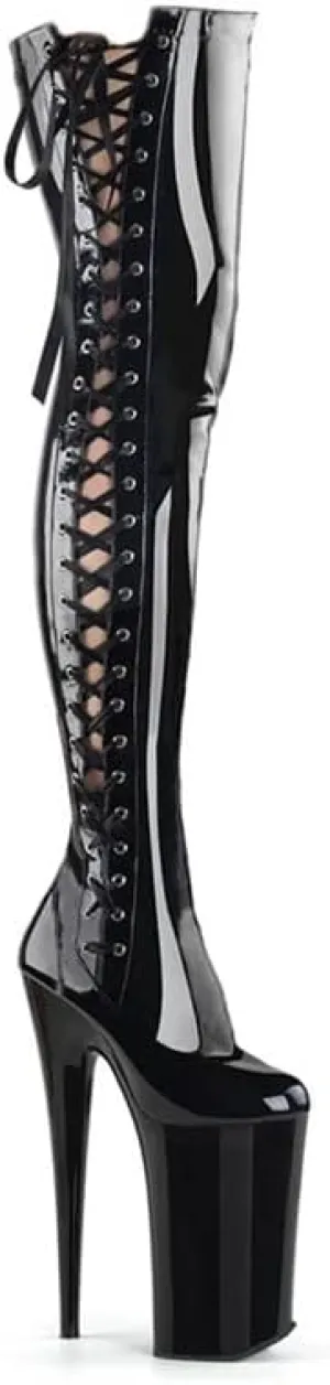 denova's Women's Patent 7.9in Very High Heel Lace Up Platform Pole Dance Over-The-Knee Thigh High Boot with Zipper