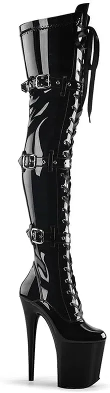 denova's Women's Patent 7.9in Very High Heel Lace Up Platform Pole Dance Over-The-Knee Thigh High Boot with Zipper