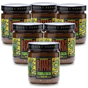 Desert Pepper Tequila Salsa with Tomatoes, Jalapenos, and Premium Tequila. Vegan, Gluten-Free, Low Carb Snack Medium Burn, 16 oz, 6-Pack