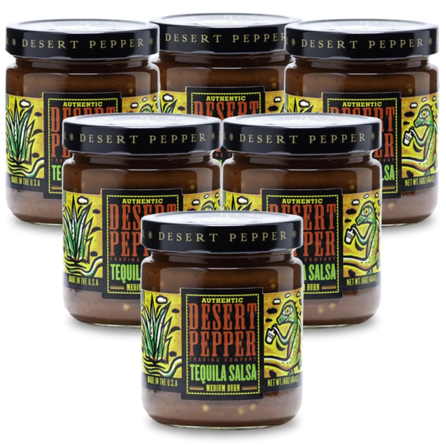Desert Pepper Tequila Salsa with Tomatoes, Jalapenos, and Premium Tequila. Vegan, Gluten-Free, Low Carb Snack Medium Burn, 16 oz, 6-Pack