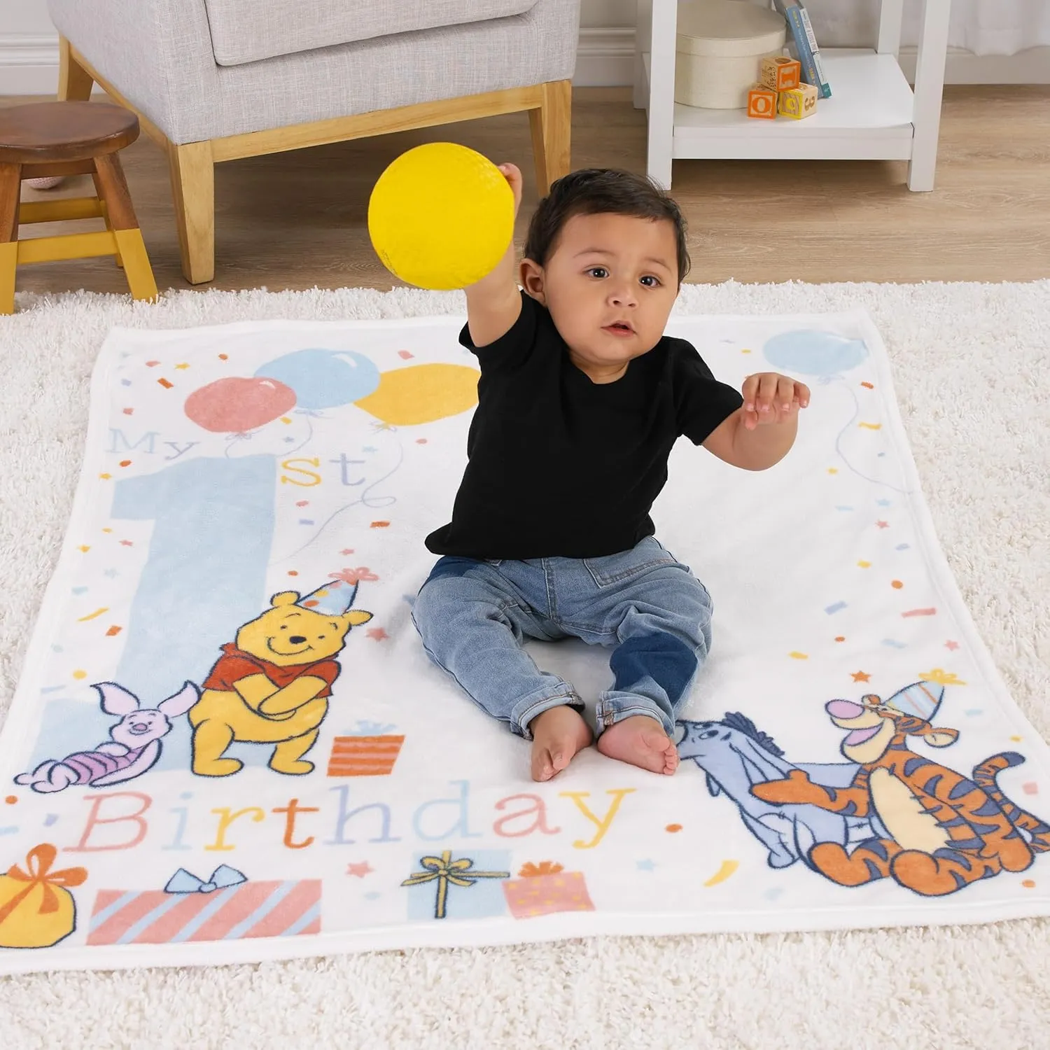 Disney Winnie The Pooh My 1st Birthday Multi-Colored Piglet, Tigger, and Eeyore Super Soft Photo Op Baby Blanket