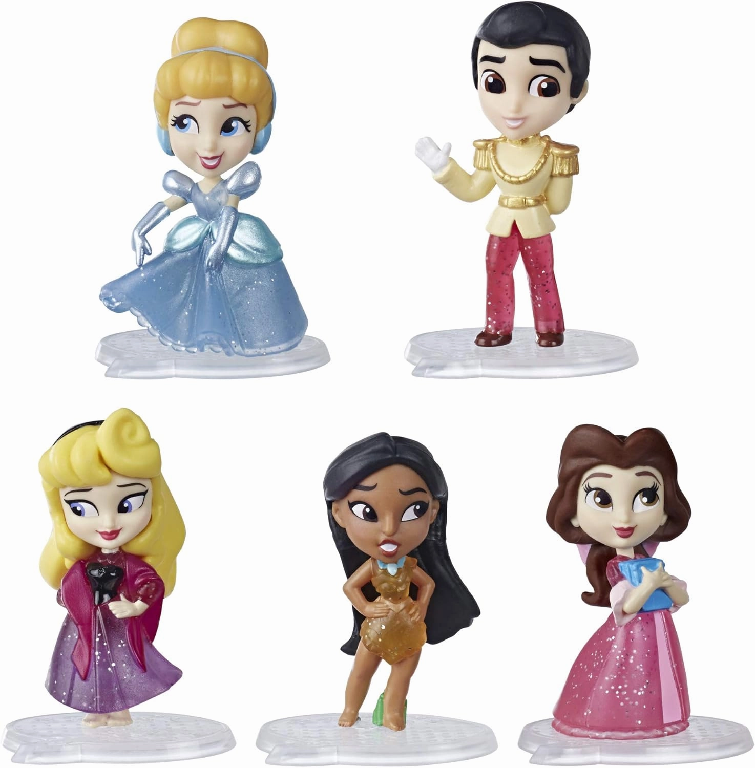 Disney Princess Comics Dolls, Glitter Pack with Cinderella, Prince Charming, Belle, Aurora, and Pocahontas, Disney Toy with 5 Dolls