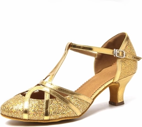 DKZSYIM Glitter Women Latin Dance Shoes Closed Toe Ballroom Salsa Tango Practice Performence Party Dancing Shoes,511-Gold-5,US 8