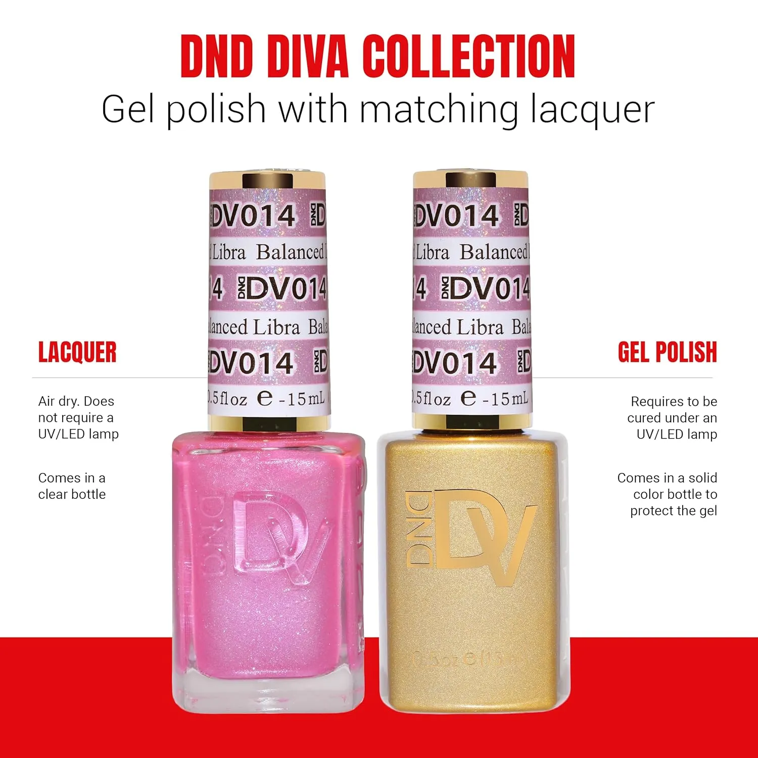 DND Gel Diva Polish Set, Mirrorball Collection, UV/LED Gel Polish and Air Dry Nail Lacquer, Matching Chip-Free Polish Duo, Pink014 Balanced Libra, 0.5 Fl Oz Each