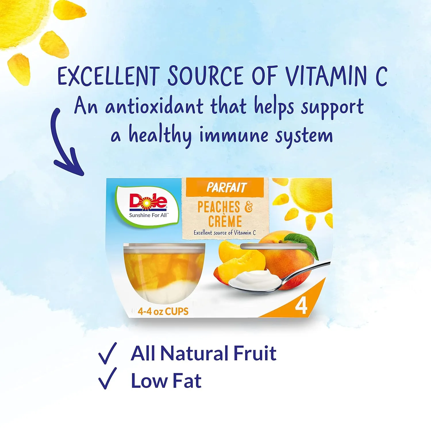 Dole Fruit Bowls Low Fat Peaches & Creme Parfait Snacks, 4.3oz 24 Total Cups, Gluten & Dairy Free, Bulk Lunch Snacks for Kids & Adults