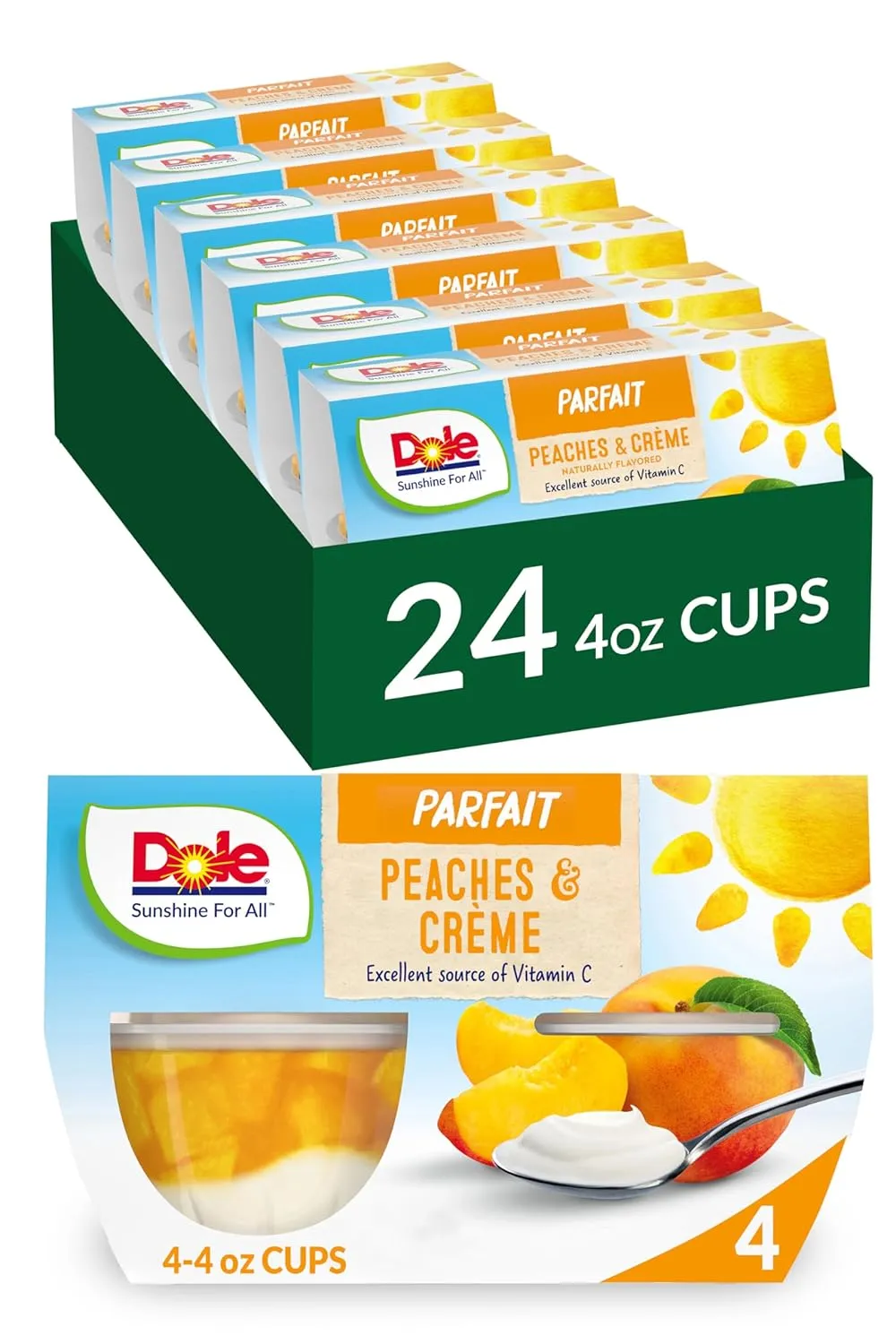 Dole Fruit Bowls Low Fat Peaches & Creme Parfait Snacks, 4.3oz 24 Total Cups, Gluten & Dairy Free, Bulk Lunch Snacks for Kids & Adults