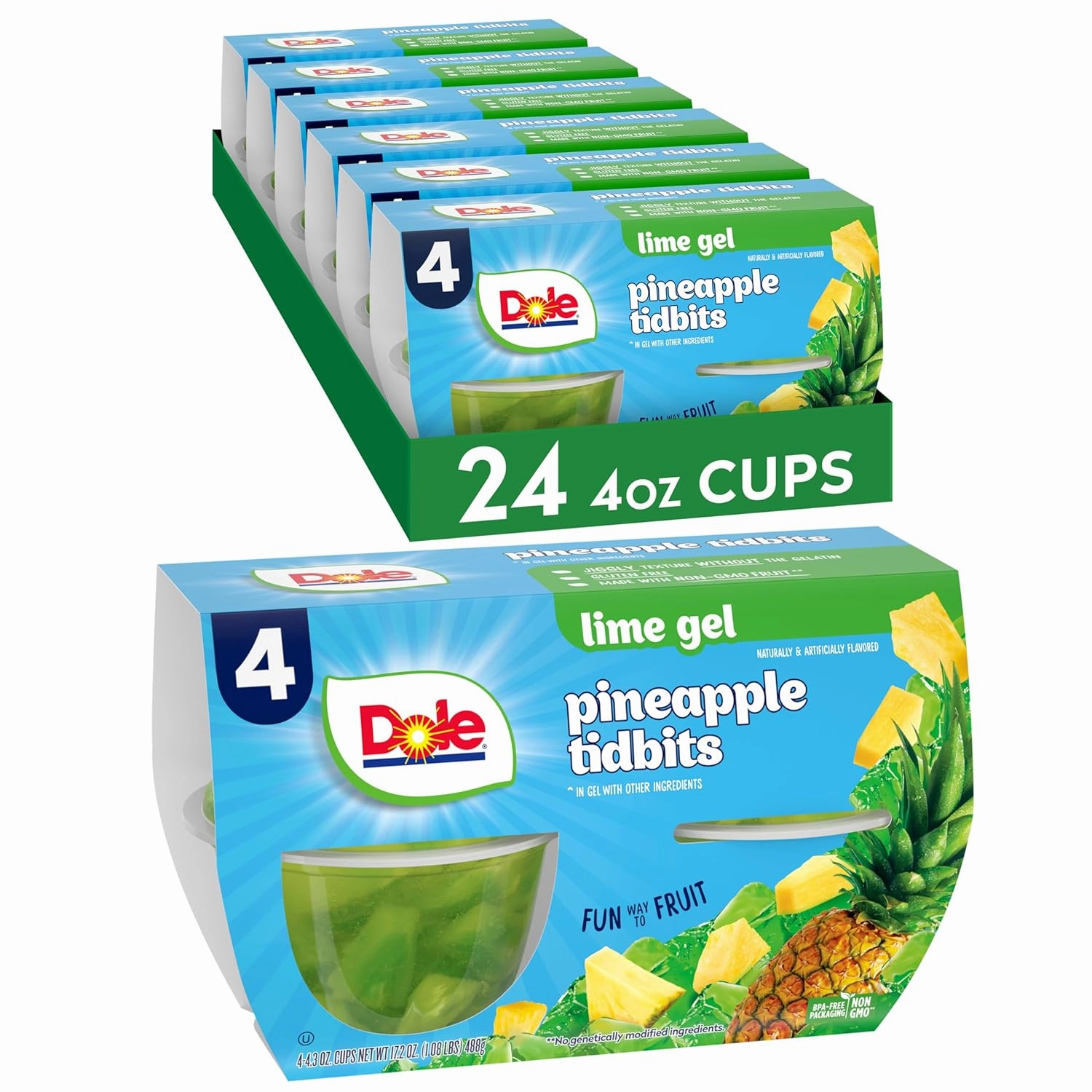Dole Fruit Bowls Pineapple in Lime Flavored Gel Snacks, 4oz 24 Total Cups, Gluten & Dairy Free, Bulk Lunch Snacks for Kids & Adults