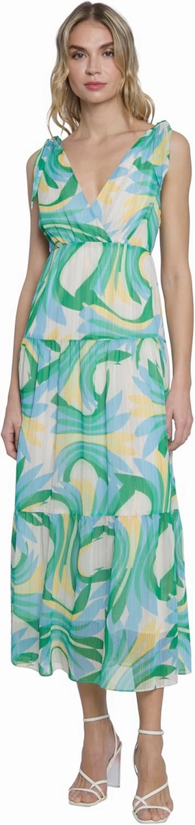 Donna Morgan Glitter Stripe Tiered Maxi with Shoulder Ties | Wedding Guest Dresses for Women