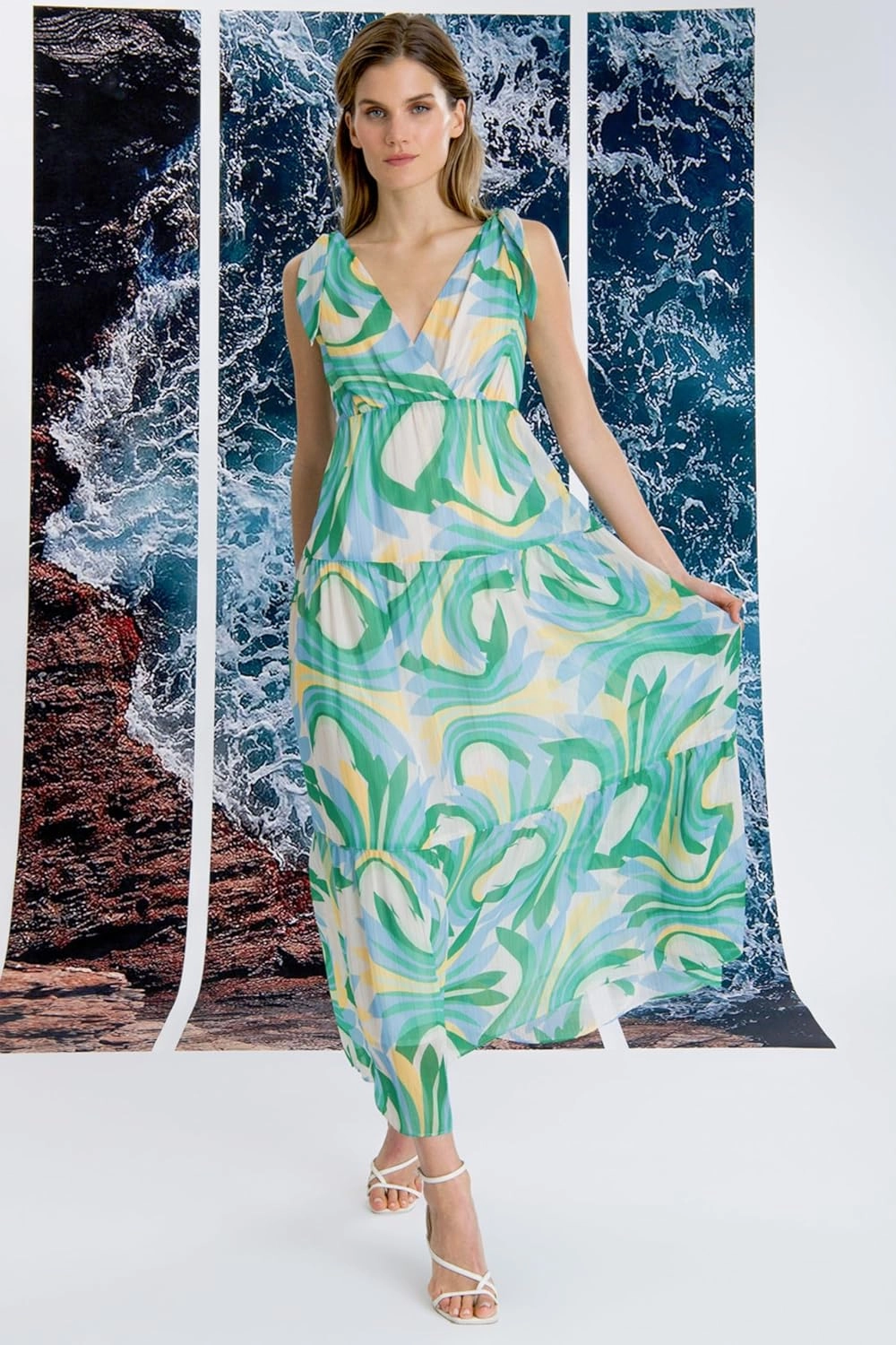 Donna Morgan Glitter Stripe Tiered Maxi with Shoulder Ties | Wedding Guest Dresses for Women